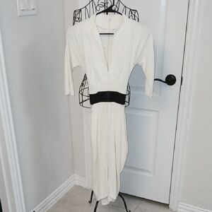VENUS White Long Sleeve Dress with Black Waistband